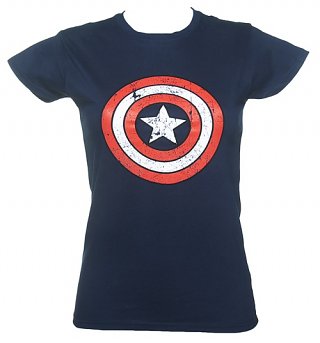 Women's Blue Captain America Distressed Shield Marvel T-Shirt Women's Blue Captain America Distressed Shield Marvel T-Shirt