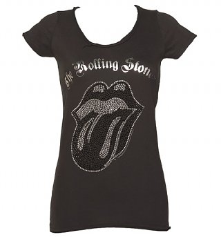 Women's Charcoal Rolling Stones Black And Silver Diamante Tongue T-Shirt from Amplified Women's Charcoal Rolling Stones Black And Silver Diamante Tongue T-Shirt from Amplified