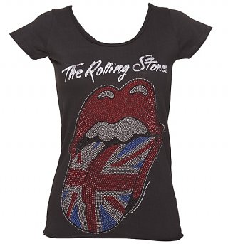 Women's Charcoal Rolling Stones Diamante UK Tongue T-Shirt from Amplified Vintage Women's Charcoal Rolling Stones Diamante UK Tongue T-Shirt from Amplified Vintage