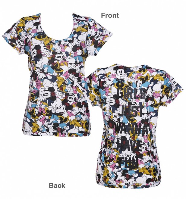 Women's Girls Just Wanna Have Fun Minnie Mouse And Daisy Duck All Over Print Disney T-Shirt from Eleven Paris Women's Girls Just Wanna Have Fun Minnie Mouse And Daisy Duck All Over Print Disney T-Shirt from Eleven Paris