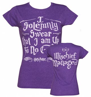 Women's Purple Harry Potter I Solemnly Swear Mischief Managed T-Shirt With Back Print Women's Purple Harry Potter I Solemnly Swear Mischief Managed T-Shirt With Back Print