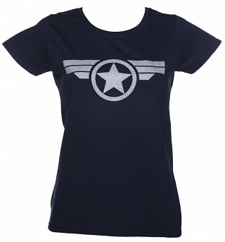 Women's Navy Metallic Silver Print Steve Rogers Super Soldier Captain America Uniform Marvel T-Shirt Women's Navy Metallic Silver Print Steve Rogers Super Soldier Captain America Uniform Marvel T-Shirt