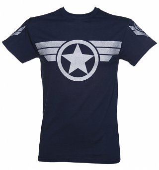 Men's Navy Metallic Silver Print Steve Rogers Super Soldier Captain America Uniform Marvel T-Shirt Men's Navy Metallic Silver Print Steve Rogers Super Soldier Captain America Uniform Marvel T-Shirt