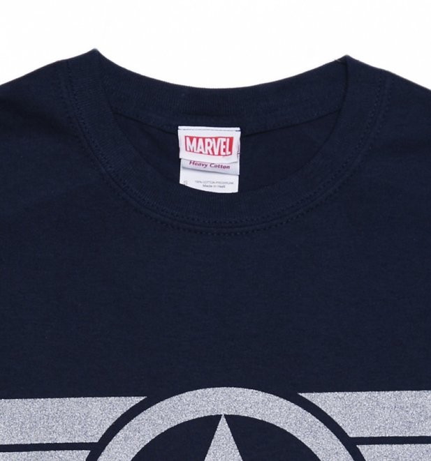 Men's Navy Metallic Silver Print Steve Rogers Super Soldier Captain America Uniform Marvel T-Shirt Men's Navy Metallic Silver Print Steve Rogers Super Soldier Captain America Uniform Marvel T-Shirt