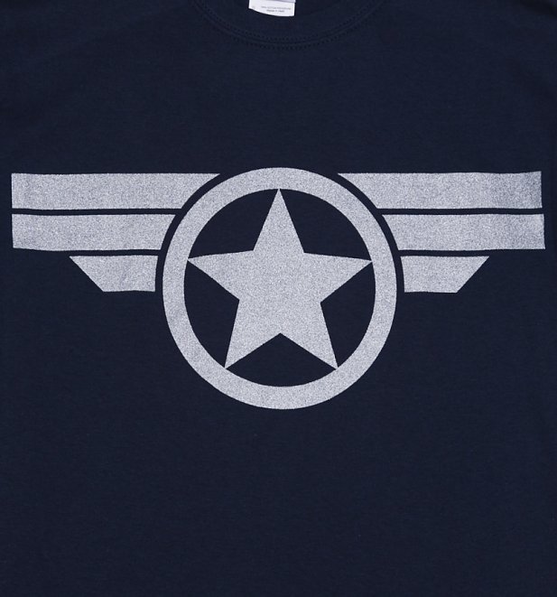 Men's Navy Metallic Silver Print Steve Rogers Super Soldier Captain America Uniform Marvel T-Shirt Men's Navy Metallic Silver Print Steve Rogers Super Soldier Captain America Uniform Marvel T-Shirt