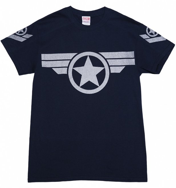 Men's Navy Metallic Silver Print Steve Rogers Super Soldier Captain America Uniform Marvel T-Shirt Men's Navy Metallic Silver Print Steve Rogers Super Soldier Captain America Uniform Marvel T-Shirt