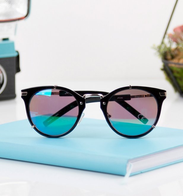 Black Frame Blue Mirror Lens Round Sunglasses from Jeepers Peepers Black Frame Blue Mirror Lens Round Sunglasses from Jeepers Peepers