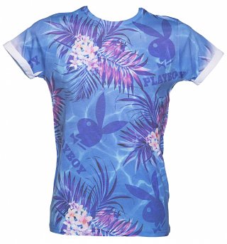 Blue Tropical Playboy Bunny All Over Sublimation Print T-Shirt from Retro Fred's Blue Tropical Playboy Bunny All Over Sublimation Print T-Shirt from Retro Fred's