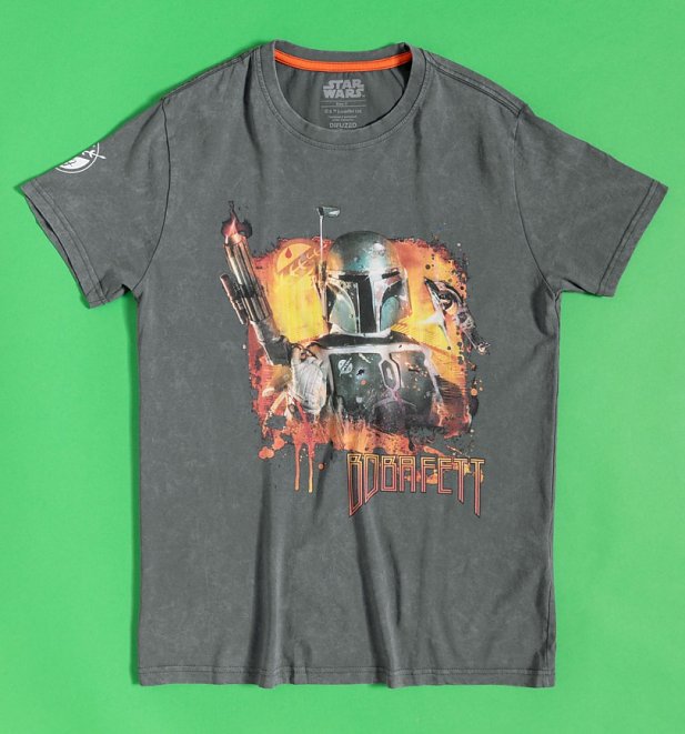 Charcoal Acid Wash Star Wars Boba Fett T-Shirt with Sleeve Print