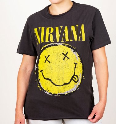 Charcoal Nirvana Distressed Smiley T-Shirt from Amplified Charcoal Nirvana Distressed Smiley T-Shirt from Amplified