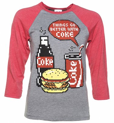 Coca-Cola Pixels Heather Grey And Red Raglan Baseball T-Shirt Coca-Cola Pixels Heather Grey And Red Raglan Baseball T-Shirt