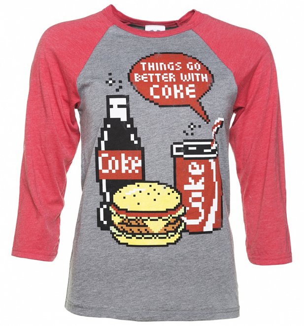 Coca-Cola Pixels Heather Grey And Red Raglan Baseball T-Shirt Coca-Cola Pixels Heather Grey And Red Raglan Baseball T-Shirt