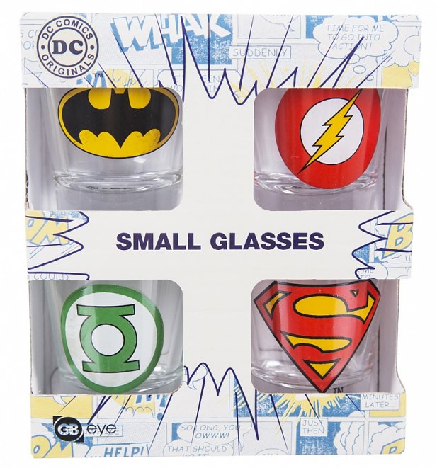 DC Comics Superhero Logos Set of 4 Shot Glasses DC Comics Superhero Logos Set of 4 Shot Glasses