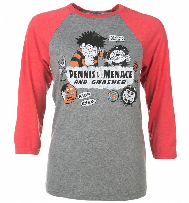 Dennis The Menace And Gnasher Beano Badges Grey And Red Raglan Baseball T-Shirt Dennis The Menace And Gnasher Beano Badges Grey And Red Raglan Baseball T-Shirt
