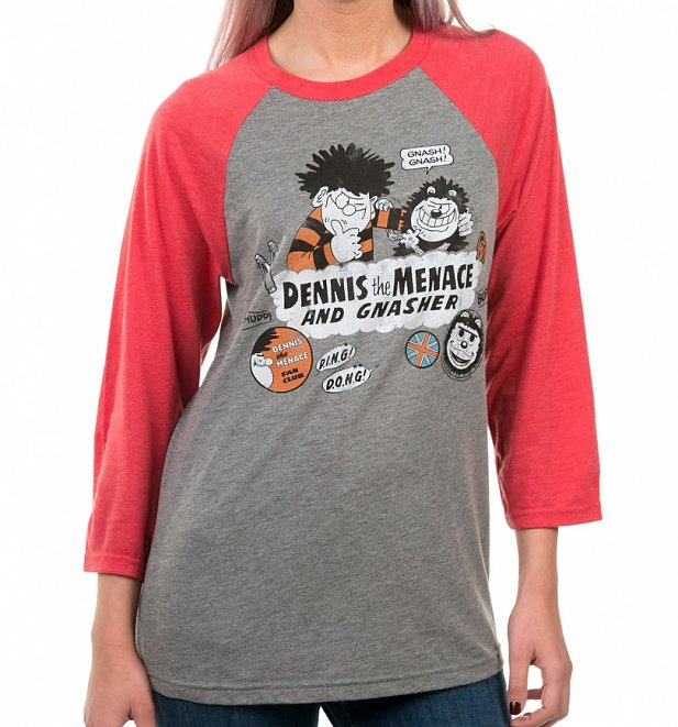 Dennis The Menace And Gnasher Beano Badges Grey And Red Raglan Baseball T-Shirt Dennis The Menace And Gnasher Beano Badges Grey And Red Raglan Baseball T-Shirt