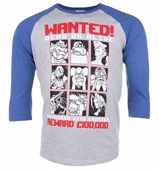 Gaming Villains Wanted Poster Heather Grey And Heather Indigo Raglan Baseball T-Shirt Gaming Villains Wanted Poster Heather Grey And Heather Indigo Raglan Baseball T-Shirt