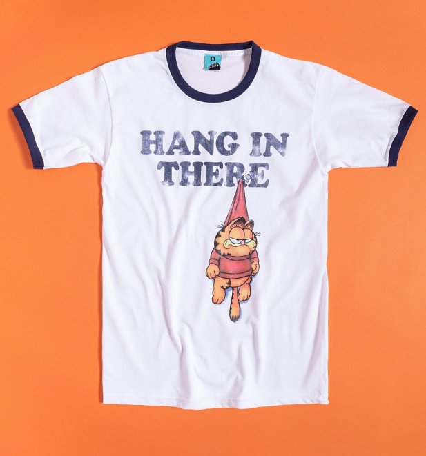Garfield Hang In There White And Navy Ringer T-Shirt