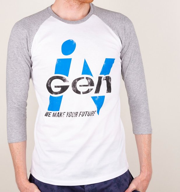 White And Grey Jurassic Park Inspired InGen Logo Raglan Baseball T-Shirt White And Grey Jurassic Park Inspired InGen Logo Raglan Baseball T-Shirt
