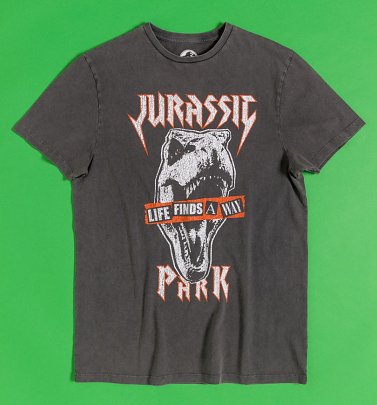 Jurassic Park Life Finds A Way Logo Charcoal Vintage Wash T-Shirt
