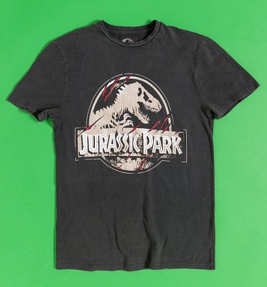 Jurassic Park Scratched Logo Charcoal Vintage Wash T-Shirt