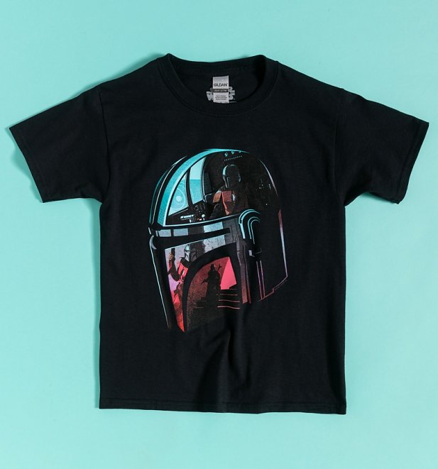 Kids Black Star Wars Mandalorian Helmet Reflection T-Shirt Kids Black Star Wars Mandalorian Helmet Reflection T-Shirt