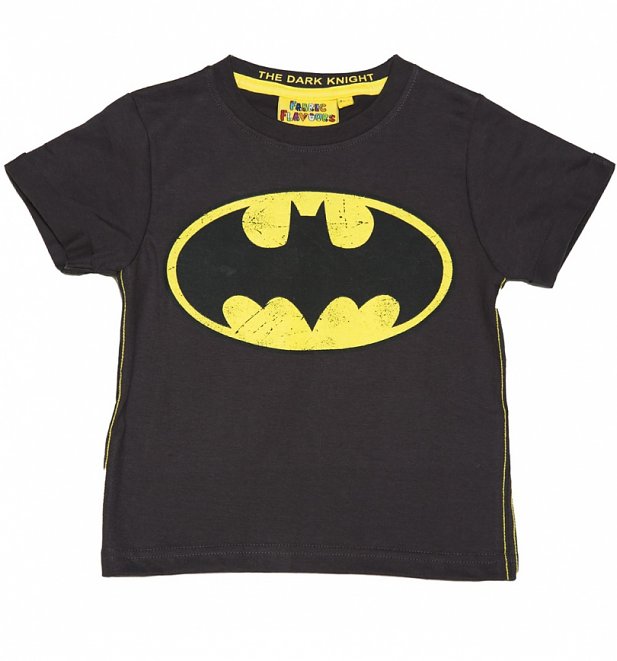Kids Dark Grey DC Comics Batman Logo Vintage T-Shirt from Fabric Flavours Kids Dark Grey DC Comics Batman Logo Vintage T-Shirt from Fabric Flavours