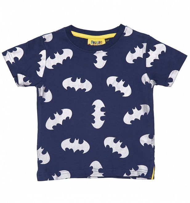Kids Navy Batman Reflective Logo Repeat Print T-Shirt from Fabric Flavours Kids Navy Batman Reflective Logo Repeat Print T-Shirt from Fabric Flavours