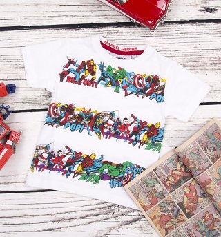 Kids White Marvel Superheroes Striped T-Shirt from Fabric Flavours Kids White Marvel Superheroes Striped T-Shirt from Fabric Flavours