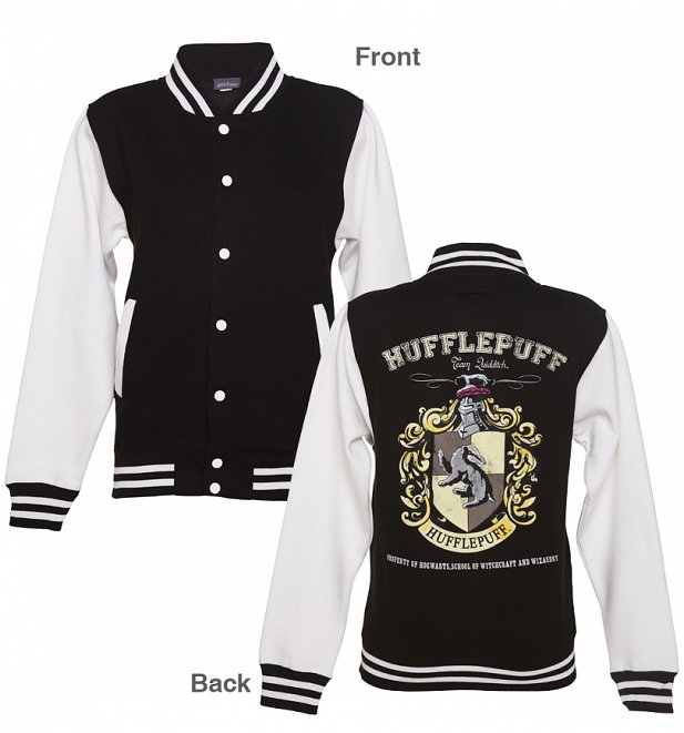 Women's Black Harry Potter Hufflepuff Team Quidditch Varsity Jacket Women's Black Harry Potter Hufflepuff Team Quidditch Varsity Jacket