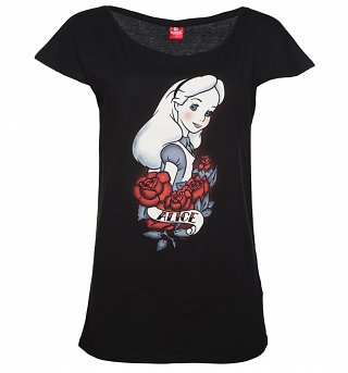 Women's Black Slouchy Disney Alice In Wonderland Tattoo T-Shirt Women's Black Slouchy Disney Alice In Wonderland Tattoo T-Shirt