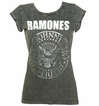 Women's Charcoal Burnout Classic Ramones Logo T-Shirt with Rolled Sleeves Women's Charcoal Burnout Classic Ramones Logo T-Shirt with Rolled Sleeves