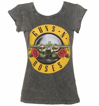 Women's Charcoal Burnout Guns N Roses Classic Drum Logo T-Shirt With Rolled Sleeves Women's Charcoal Burnout Guns N Roses Classic Drum Logo T-Shirt With Rolled Sleeves