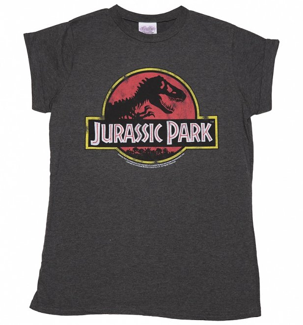 Women's Charcoal Jurassic Park Logo Rolled Sleeve Boyfriend T-Shirt