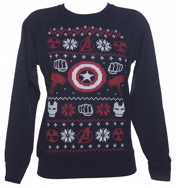 Women's Navy Marvel Characters Symbols Fair Isle Knit Design Sweater Women's Navy Marvel Characters Symbols Fair Isle Knit Design Sweater