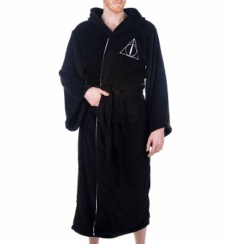 Men's Black Harry Potter Deathly Hallows Hooded Fleece Dressing Gown Men's Black Harry Potter Deathly Hallows Hooded Fleece Dressing Gown