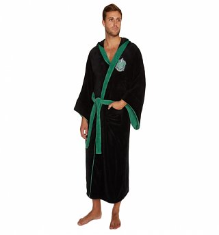 Men's Black Harry Potter Slytherin Crest Hooded Dressing Gown Men's Black Harry Potter Slytherin Crest Hooded Dressing Gown