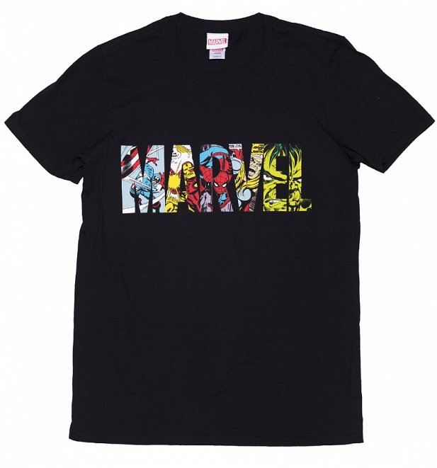 Men's Black Marvel Comic Strip Logo T-Shirt