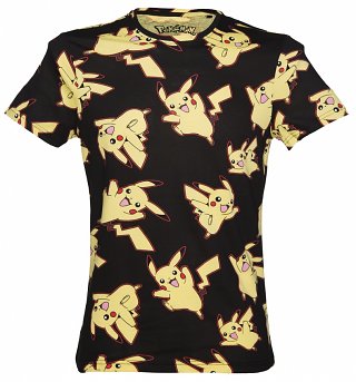 Men's Black Pikachu All Over Print Pokemon T-Shirt Men's Black Pikachu All Over Print Pokemon T-Shirt