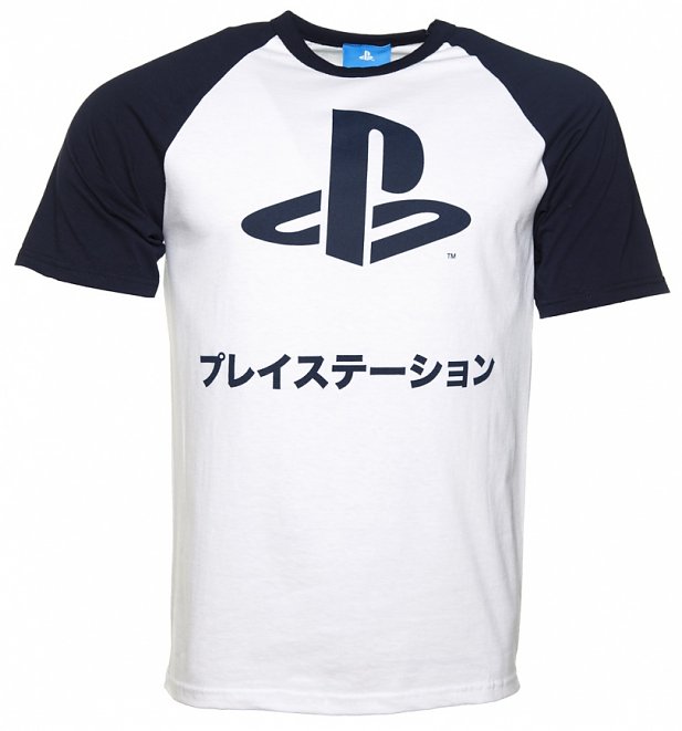 Men's Blue PlayStation Japanese Club Baseball Ringer T-Shirt Men's Blue PlayStation Japanese Club Baseball Ringer T-Shirt