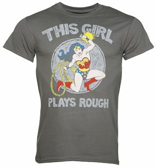 Men's Charcoal DC Comics Wonder Woman This Girl Plays Rough T-Shirt Men's Charcoal DC Comics Wonder Woman This Girl Plays Rough T-Shirt