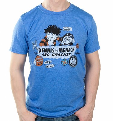 Men's Dennis The Menace And Gnasher Beano Badges Heather Blue T-Shirt Men's Dennis The Menace And Gnasher Beano Badges Heather Blue T-Shirt