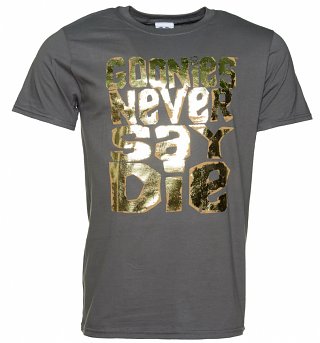 Men's Gold Foil Print Goonies Never Say Die Charcoal T-Shirt Men's Gold Foil Print Goonies Never Say Die Charcoal T-Shirt