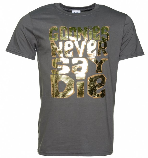 Men's Gold Foil Print Goonies Never Say Die Charcoal T-Shirt Men's Gold Foil Print Goonies Never Say Die Charcoal T-Shirt