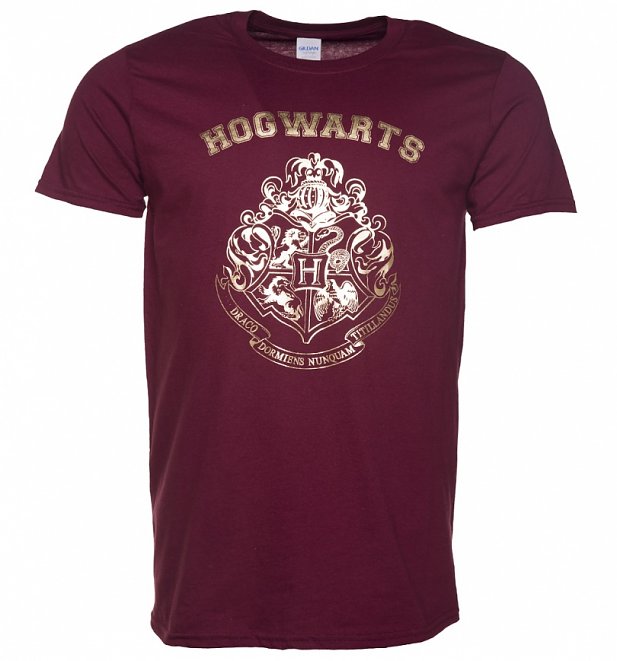 Men's Maroon Harry Potter Gold Hogwarts Crest T-Shirt Men's Maroon Harry Potter Gold Hogwarts Crest T-Shirt