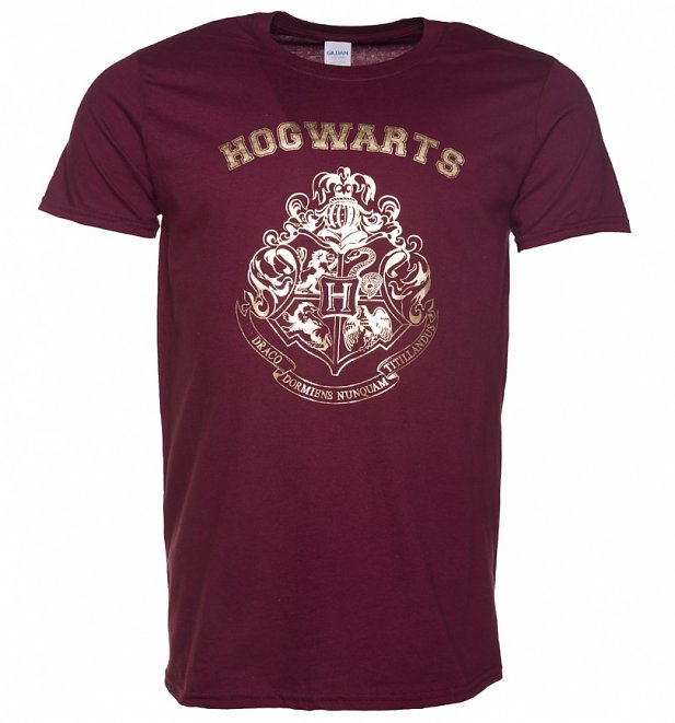 Men's Maroon Harry Potter Gold Hogwarts Crest T-Shirt