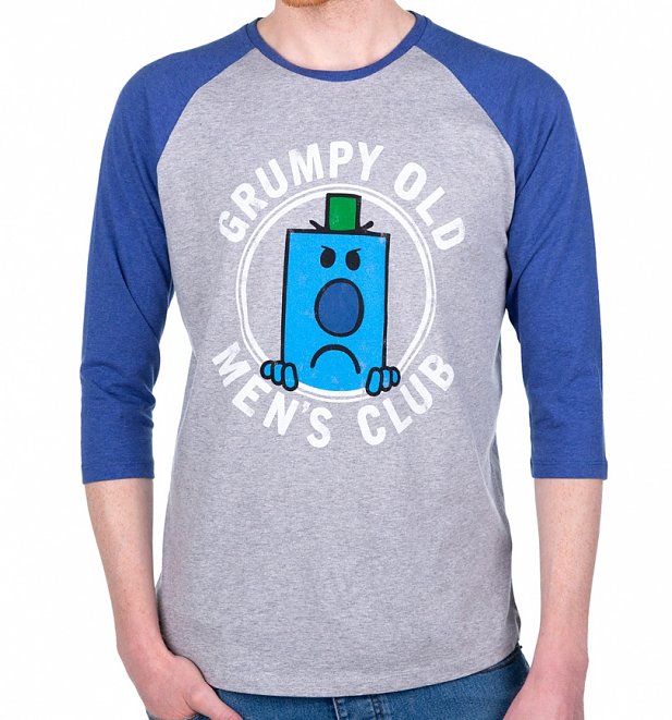 Men's Mr Men Grumpy Old Men's Club Grey And Indigo Raglan Baseball T-Shirt Men's Mr Men Grumpy Old Men's Club Grey And Indigo Raglan Baseball T-Shirt