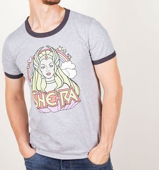 Men's Retro She-Ra Rainbow Heather Grey And Charcoal Ringer T-Shirt Men's Retro She-Ra Rainbow Heather Grey And Charcoal Ringer T-Shirt