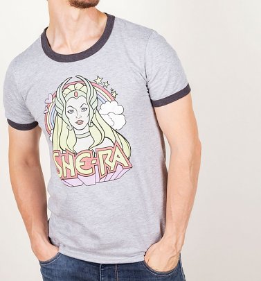 Men's Retro She-Ra Rainbow Heather Grey And Charcoal Ringer T-Shirt Men's Retro She-Ra Rainbow Heather Grey And Charcoal Ringer T-Shirt