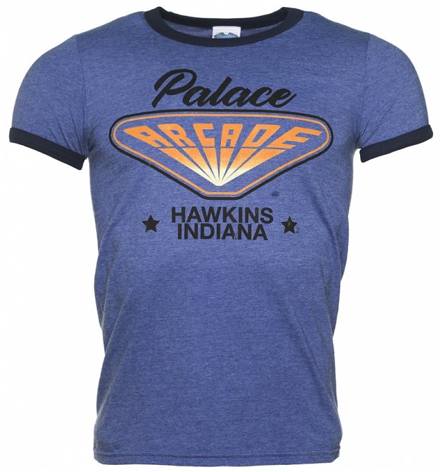 Men's Stranger Things Inspired Hawkins Indiana Arcade Heather Blue and Navy Ringer T-Shirt Men's Stranger Things Inspired Hawkins Indiana Arcade Heather Blue and Navy Ringer T-Shirt