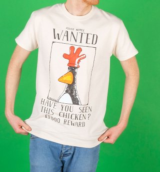 Men's Wallace And Gromit Feathers McGraw Wanted Poster Ecru T-Shirt